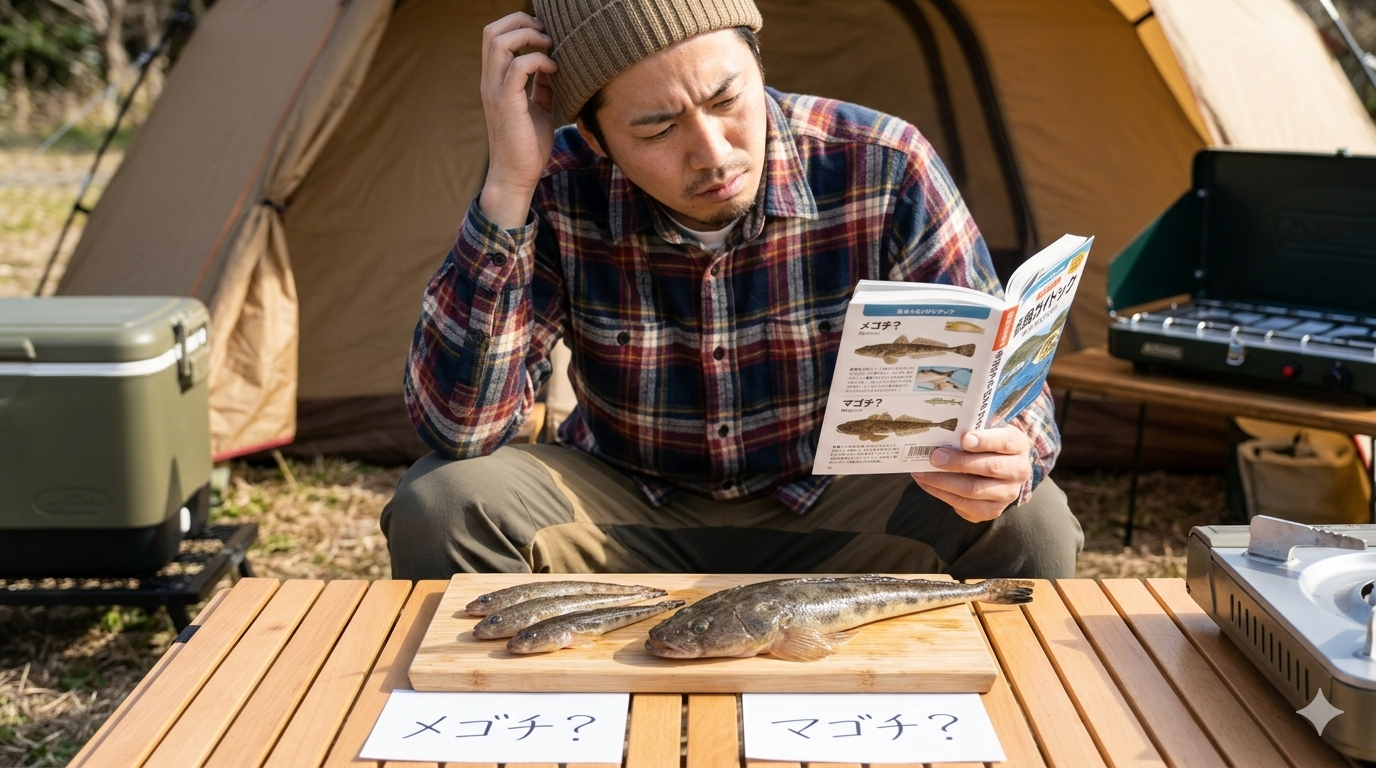 メゴチとマゴチをスマホで調べている男性キャンパー
